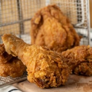 fried chicken on stainless steel tray